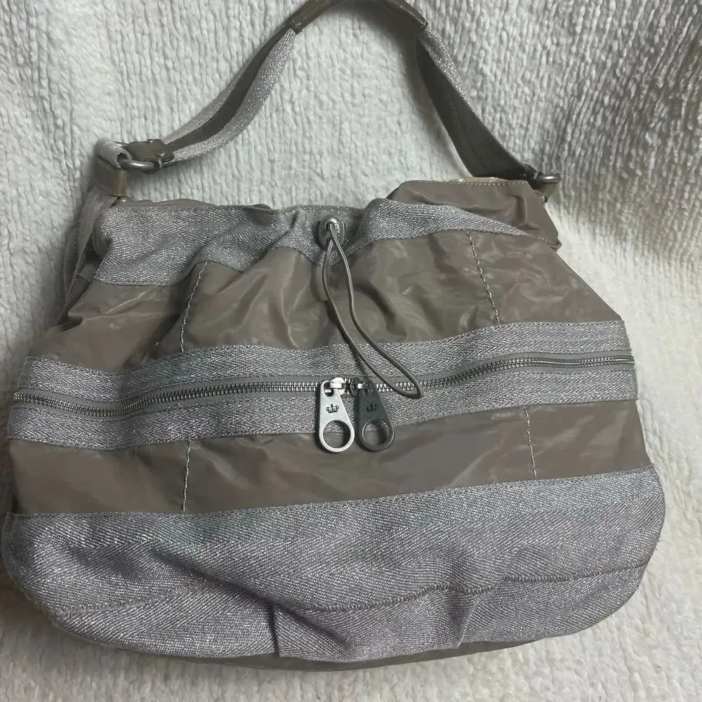 Juicy Couture Nylon taupe & cotton silver shimmery hobo bag leather strap